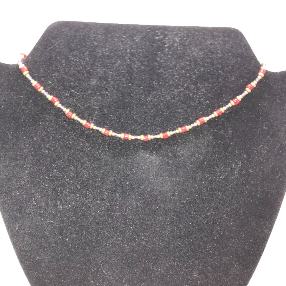 14" Long Red, Purple, and Gold Beaded Necklace